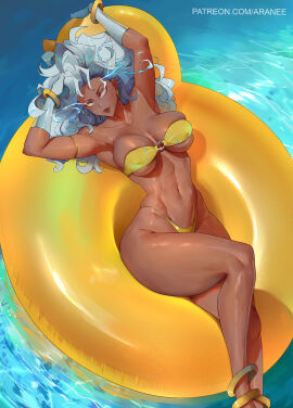 2024 african_female araneesama athletic athletic_female big_breasts bikini breasts dark-skinned_female dark_skin elbow_gloves female fit fit_female gloves gold_bracelet large_breasts long_hair marvel marvel_comics ororo_munroe patreon_username pool pool_float silver_eyes silver_hair solo storm_(x-men) strapless_bra thick_thighs voluptuous water x-men yellow_bikini yellow_bikini_bottom yellow_bikini_top yellow_bra yellow_panties