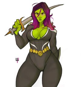 alien alien_girl alien_humanoid ass black_suit curvy female gamora green_skin guardians_of_the_galaxy large_ass latex_suit marvel marvel_comics purple_hair red_hair sword tomphelippe yellow_eyes