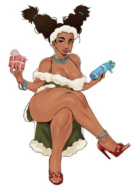 1girls absurd_res aged_up anklet big_breasts black_hair blue_eyeshadow bra_strap bracelet breasts brown_eyes brown_lips bunches christmas christmas_outfit cleavage crossed_legs dark-skinned_female dark_skin earrings female female_only full_body green_dress high_heel_sandals high_heels highres invisible_chair lily_hawk looking_at_viewer mahmapuu nail_polish native_american native_american_female no_panties painted_nails sitting solo spaghetti_strap stiletto_heels street_fighter street_fighter_6 thick_thighs thighs toenail_polish twin_braids white_background white_nails
