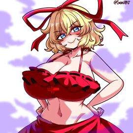 big_breasts blonde_female blonde_hair blue_eyes bow breasts cleavage female frilled_swimsuit hair_ribbon hairbow hands_on_hips huge_breasts looking_at_viewer medicine_melancholy midriff oppai poison_gas red_bow red_dress red_ribbon red_swimsuit ribbon seireiart smirk sole_female swimsuit touhou wide_hips