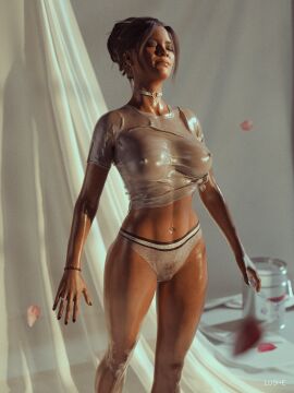 1girls 3d abs areola areolae big_breasts black_nail_polish black_nails bracelet breasts cd_projekt_red choker closed_eyes cyberpunk_2077 dark-skinned_female dark_skin female female_focus female_only fit fit_female hi_res high_resolution highres large_breasts lushe3d navel_piercing nipples panam_palmer solo solo_female solo_focus wet wet_clothes wet_panties wet_skin wet_t-shirt