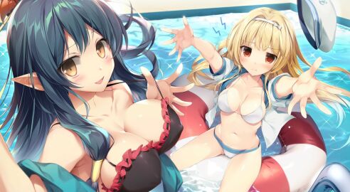 2girls arifureta_shokugyou_de_sekai_saikyou bare_shoulders bikini black_bikini blonde_hair blouse blush bow breasts cleavage collarbone covered_erect_nipples end_card female floating_hair foreshortening hair_ornament hairband hairpin hat highres innertube karory large_breasts lifting_own_clothes long_hair looking_at_viewer multiple_females multiple_girls official_art open_clothes open_mouth open_shirt outstretched_arm outstretched_arms pointy_ears pool pool_ladder puffy_short_sleeves puffy_sleeves red_eyes shirt short_sleeves smile sparkle strap_lift swim_ring swimsuit thighs tio_klarus unworn_hat unworn_headwear wading water white_bikini white_bow white_headwear white_shirt yue_(arifureta)