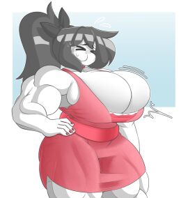 big_breasts breasts breathing_in closed_eyes female hand_on_hip holding_breath jiggle marie_(tag-a-long) mime mime_girl mouthless mouthless_female muscles muscular muscular_arms muscular_female muscular_thighs noseless original original_art original_artwork ponytail puffed_cheeks red_dress red_nails small_dress sweating sweating_female tag-a-long worried