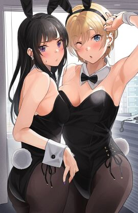 2girls animal_ears armpits black-haired_gal_(tipii) black_bow black_bowtie black_hair black_leotard black_pantyhose blonde_hair blue_eyes bow bowtie breasts cleavage commentary_request cowboy_shot detached_collar female gal_girlfriend_(tipii) highres indoors leotard long_hair medium_breasts multiple_females multiple_girls one_eye_closed original pantyhose playboy_bunny purple_eyes rabbit_ears rabbit_tail short_hair side-tie_leotard standing strapless strapless_leotard tail tipii wrist_cuffs