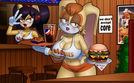 2girls big_breasts breasts bunny_ears bunny_girl cat cat_ears chacrawarrior clothing feline female hearts hearts_around_head honey_the_cat hooters pepsi plant rabbit sega sonic_(series) sonic_spinball stool vanilla_the_rabbit