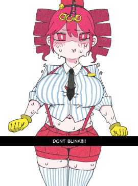 1girls 2d 2d_(artwork) absolute_territory alternate_costume belly big_breasts big_thighs blouse blush blush_lines breasts bursting_breasts clothed clothed_female clothing curvaceous curvy curvy_female curvy_figure exposed_belly female female_focus female_only fully_clothed gloves gritty_hotdog_(artist) hat huge_breasts huge_thighs hypnosis kasane_teto kasane_teto_(sv) large_breasts large_thighs mesmerizer_(vocaloid) mesmerizer_teto mv_character navel necktie nervous nervous_smile open_mouth red_eyes red_hair shirt shorts simple_background skindentation solo solo_female straining straining_buttons straining_clothing striped_shirt suspenders sweat sweating sweating_profusely synthesizer_v thick_thighs thighhighs thighs tight_clothing tight_shirt twin_drills utau voluptuous voluptuous_female white_background wide_hips zettai_ryouiki