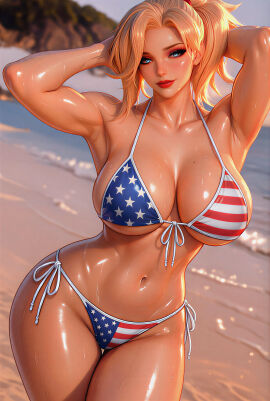1girls 4k 4k_resolution 8k ai_generated american_flag_bikini beach beachside beautiful beautiful_female bikini blonde_hair blue_eyes female female_focus hands_behind_head hi_res high_res high_resolution hires lipstick looking_at_viewer mercy outdoors outside overwatch overwatch_2 pretty pretty_female red_lipstick solo solo_female tagme upscaled water wet wet_body
