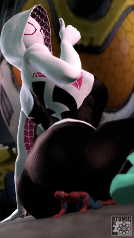 1boy 2girls 3d 3d_(artwork) ass atomicsfm big_ass big_butt butt_crush buttcrush disney female ghost-spider giantess gwen_stacy height_difference hero heroine larger_female male male/female marvel marvel_comics mask masked peter_parker size_difference smaller_male sony spider-gwen spider-man spider-man:_into_the_spider-verse spider-man_(series) straight superhero superhero_costume superheroine