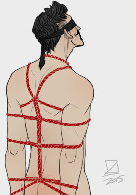 1boy 2015 artist_signature ass back_muscles bara beauty_mark biceps black_hair blindfold blindfolded bondage dark_hair dorian_pavus dragon_age dragon_age_inquisition facial_hair from_behind gay_male human human_only mage male male_only mole moustache muscles muscular muscular_male naked naked_male nude nude_male rope rope_bondage solo solo_male tied_up video_games yaoi zdrkart