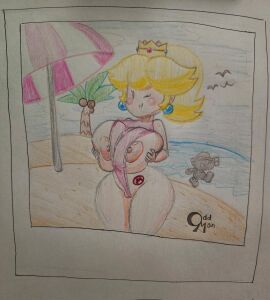 0ddmankad 1boy 1girls areolae ass beach big_ass big_breasts blonde_hair blush breast_grab breasts crown female grabbing_own_breast huge_breasts male mario mario_(series) nipples one_eye_closed paper_mario paper_peach princess_peach sideass sideboob smile swimsuit teasing traditional_media_(artwork) wink