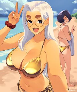 2girls black_hair blue_eyes female gold_bikini golden_bikini june_(squeezable) nail_polish painted_nails squeezable tagme thick_eyebrows violet_(squeezable) white_hair