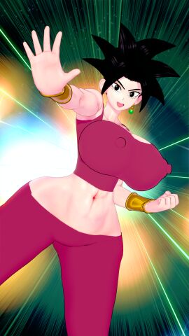 2girls 3d 3girls black_hair breasts dragon_ball dragon_ball_super earrings female female/female female_focus female_only fusion jewelry kefla large_breasts multiple_females multiple_girls muscular muscular_female potara_earrings potara_fusion