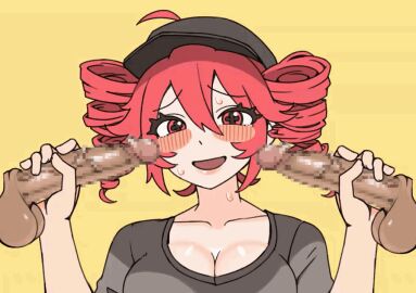 1girls 2boys ahoge animated baseball_cap blush_stickers breasts censored censored_penis cleavage collarbone dark-skinned_male dark_skin double_handjob drill_hair female grey_hat grey_shirt hair_between_eyes handjob hat kasane_teto large_breasts light-skinned_female light_skin looking_at_viewer male migumight mmf_threesome mosaic_censoring mv_character open_mouth outercourse override_(synthesizer_v) penis red_hair simple_background smile smug straight sweat synthesizer_v threesome twin_drills utau yellow_background