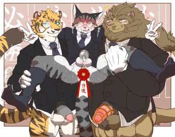 anthro athletic balls black_body black_clothing black_footwear black_fur black_socks blue_eyes blush bodily_fluids body_hair bottomless bottomless_male brown_body business_suit carrying_another carrying_partner chastity_cage chastity_device clothed clothing domestic_cat dripping embarrassed eye_roll eyewear felid feline felis footwear front_view fur gay gay_male genital_fluids genitals gesture glasses gloves green_eyes grin group hair hairy_balls hand_gesture handwear hi_res leg_grab lion long_socks male male/male mammal monocle multicolored_body muscular muscular_male necktie orange_body orange_fur pantherine precum precum_drip pubes quads smile snot socks solani_poteto standing striped_body stripes suit sweat tears tiger trio v_sign white_body white_clothing white_fur white_gloves white_handwear yaoi