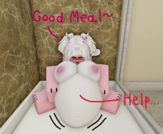3d 3d_(artwork) big_belly big_breasts breasts female furry in_shower pink_skin roblox rubbing_belly same_size_vore shark shark_girl shower sitting vore white_hair