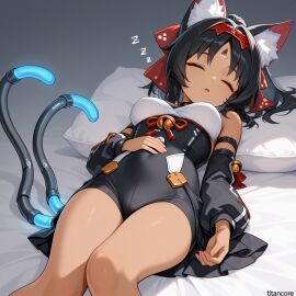 (titancore) ai_generated black_hair cat_ears cat_girl cat_humanoid cat_tail clothing curvy_figure cute_girl dark_skin female girl headband monster_girl multiple_tails naughty_girl nekomiya_mana normal_breasts ponytail sleeping tattoo video_game_character zenless_zone_zero