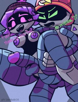 anal anal_sex balls ballsack blonde_hair blush blush_lines blushing blushing_female carrying_partner female futanari glans green_eyes intersex male male_on_futa murder_drones penis primedude34 purple_eyes purple_glans purple_hair purple_nipples robot testicles thad_(murder_drones) uzi_(murder_drones)