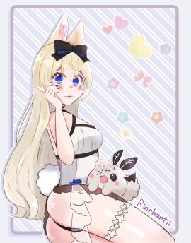 animal_ears ass bangs black_bow black_panties blonde_hair blue_eyes blush bow breasts bunny bunny_ears bunny_tail diagonal_stripes eyebrows_visible_through_hair female garter_straps hair_between_eyes hairbow heart long_hair looking_at_viewer panties solo striped striped_background striped_legwear striped_shirt tail thigh_strap thighhighs underwear vertical-striped_legwear vertical_stripes very_long_hair virtual_youtuber vyugen white_legwear yenko