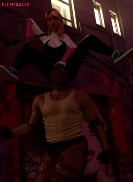 1boy 1girls 3d alexfrazer asymmetrical_hair bandit blonde_hair blue_eyes clothed confusion female gwen_stacy hand_on_head male marvel marvel_comics smile spider-gwen stealing superhero superhero_costume superheroine sword unmasked