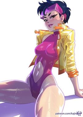 1girls asian_female belly_button black_hair bodysuit breasts clothed clothing eyewear_on_head female female_only fully_clothed jacket jubilation_lee jubilee kajinman marvel marvel_comics moist perky_breasts pink_clothing pose posing seductive seductive_eyes short_hair solo spread_legs thick_thighs wet x-men