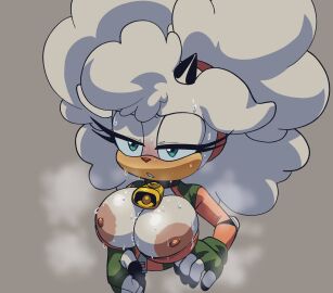 1girls anger_symbol animal_ears animal_nose anthro belt big_areola big_hair big_nipples blue_eyes blue_sclera bodysuit boots breasts breasts_out closed_mouth clothing coolerinker cosplay dark_nipples erect_nipples eyeshadow female fur furry furry_female gloves goggles goggles_on_head hair hand_on_hip handwear horns huge_areolae huge_breasts huge_nipples inker_comics inker_coomics inkershike lanolin_the_sheep large_breasts long_hair looking_at_viewer makeup mammal navel no_bra orange_bodysuit shiny_clothes simple_background smile solo sonic_(series) sonic_the_hedgehog_(comics) sonic_the_hedgehog_(idw) sonic_the_hedgehog_(series) standing unzipped unzipped_bodysuit unzipping white_background white_hair wool_(fur)