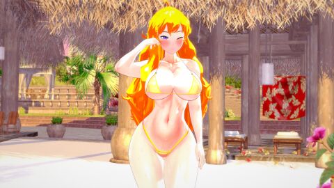 1girls 3d beach bikini bikini_bottom bikini_top blonde_female blonde_hair female long-haired_female long_hair nakadashi_(artist) purple_eyes rwby solo_female yang_xiao_long