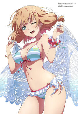 absurdres bare_shoulders bikini blue_eyes blush breasts brown_hair cleavage female hair_ornament hairclip highres large_breasts looking_at_viewer low_twintails magazine_scan maougun_saikyou_no_majutsushi_wa_ningen_datta megami_magazine midriff navel official_art one_eye_closed open_mouth pointy_chin satie_(maougun_saikyou_no_majutsushi_wa_ningen_datta) scan sideboob simple_background smile striped_bikini striped_clothes swimsuit teeth thighs twintails upper_teeth white_background x_hair_ornament