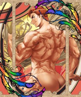 1boy art_nouveau artistic_nude ass ass_cleavage back_muscles back_view bara beefy big_ass bubble_ass bubble_butt completely_nude curves czech_text hi_res holding_object looking_back male male_only muscles muscular muscular_arms muscular_ass muscular_back muscular_legs muscular_male muscular_thighs nude orange_hair original original_character rainbow shina_(mjaldrarland) short_hair smile text thick_arms thick_ass yaoi