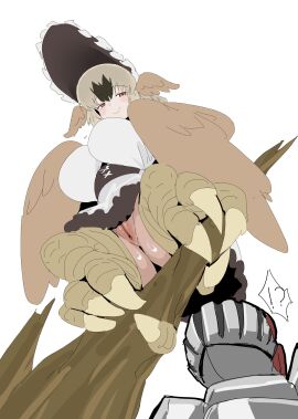 !? 1other 61206jeff absurdres ambiguous_gender armor bird_legs black_souls black_souls_2 blush_stickers bonnet branch breasts brown_corset brown_eyes brown_hair brown_wings closed_mouth commentary_request corset dodo_(black_souls) dress female from_below full_armor grimm_(black_souls) hair_between_eyes harpy head_wings highres impossible_clothes knight light_brown_hair long_hair looking_at_viewer looking_down monster_girl multicolored_hair on_branch pussy simple_background smile talons thighs two-tone_hair upskirt white_background white_dress winged_arms wings