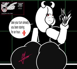 1girls 2d annoyed annoyed_expression anthro ass big_ass big_breasts breasts english_text fat_ass female female_only furry humanoid looking_at_viewer looking_back mad snapping_fingers solo talking talking_to_viewer text toriel undertale undertale_(series) waiting zhe_rat