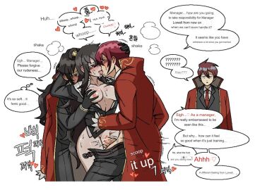 1boy 3boys artist_request black_hair blush breast_grab breasts cheating cheating_wife chun_(library_of_ruina) dialogue english_text female gangbang kissing library_of_ruina lowell_(library_of_ruina) machine_translated making_out male miris_(library_of_ruina) ntr project_moon pussy red_hair spitroast tagme tongue_kiss translated unknown_artist vaginal vaginal_penetration vaginal_sex watching xiao_(library_of_ruina)