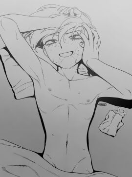 1boy :d absurdres after_sex angel_dust angel_dust_(hazbin_hotel) arms_up bags_under_eyes collarbone commentary_request cowboy_shot crying crying_with_eyes_open enaic31 facing_viewer fingernails freckles greyscale grin groin hair_behind_ear hair_between_eyes hand_on_own_cheek hand_on_own_face hand_on_own_head hazbin_hotel hellaverse highres humanization looking_up lying male male_focus menma_(enaic31) messy_hair monochrome navel nipples nude on_back short_hair signature simple_background smile solo sweat swept_bangs tears under_covers