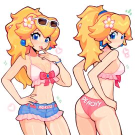 1girls 2024 ^^^ alternate_hairstyle ass back_view bangs bangs_between_eyes behind behind_view big_breasts blonde_female blonde_hair blue_eyes blue_hair_tie bow bracelet breasts cleavage earrings english english_text eyebrows eyebrows_behind_hair female finger_to_mouth fizzeru flower frilled_bikini frilled_legwear hair_between_eyes hair_flower hair_ornament heart hearts hibiscus human instagram_link jean_skirt light-skinned_female light_skin long_hair looking_at_another looking_back mario_(series) multiple_outfits name_drop nintendo parted_lips pearl_earrings pink_bow pink_fingernails pink_nail_polish pink_nails ponytail princess princess_peach ribbon sideboob sidelocks smile smiling sparkle sparkles sunglasses sunglasses_on_head tied_hair twitter_link updo upper_body white_hair