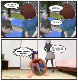 1boy 2girls acid blue_eyes blue_hair cat_ears cat_girl cat_tail catgirl comic dialogue digestion english english_text female henbor hi_res inside living_insertion male meme neko nude pussy room sitting sitting_on_chair text uncensored unwilling_prey violet_hair vore willing_pred x-ray yellow_eyes