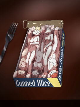 anthro areola breasts closed_eyes corpse cutlery death digital_media_(artwork) english_text female female_death female_only fork frostbite80_(artist) fur genitals group hair hi_res kitchen_utensils lying mammal micro mouse murid murine nipples nude on_back pussy rodent tail text tools