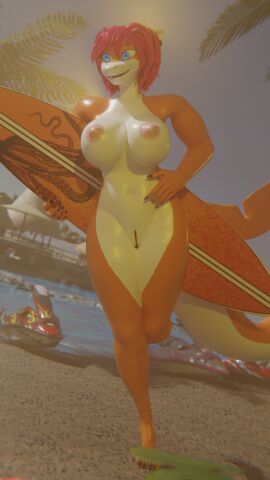 absurd_res anthro beach blender_(artwork) blender_cycles breasts digital_media_(artwork) female fish hi_res huge_filesize marine neumond_art palms sand sea shark shark_tail solo surfboard water