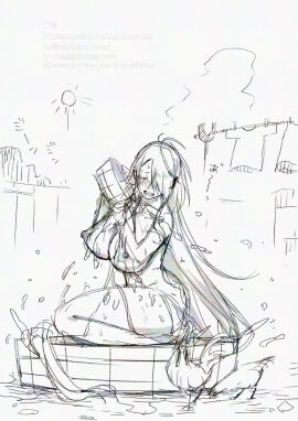 bath bathing bathtub big_breasts blush breasts completely_nude female female_only gegege_no_kitarou genderswap_(mtf) hair_over_one_eye huge_breasts kitarou_tanjou_gegege_no_nazo long_hair medama_oyaji_(human) monochrome nude rule_63 solo turbine_tree very_long_hair wet_body wet_skin