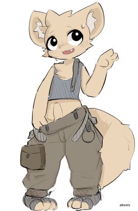 absurd_res anthro bodily_fluids bottomwear clothing erection genitals hi_res humanoid_genitalia humanoid_penis lowered_pants male pants penis resint5 shirt simple_background solo standing sweat sweatdrop tank_top topwear unknown_species white_background