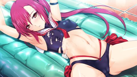 arm_strap armband armpits arms_up bikini black_bikini blush breasts brown_eyes cameltoe choukou_(alicesoft) choukou_shinki_ixseal covered_nipples cum cum_on_body cum_on_clothes female game_cg houshou_kirika inflatable_raft large_variant_set long_hair looking_at_viewer lying navel non-web_source official_art on_back onigirikun parted_lips pink_hair ponytail red_hair sailor_collar side_ponytail small_breasts solo spread_legs swimsuit variant_set