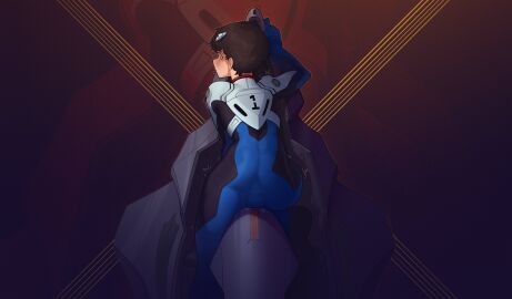 1boy 2025 2025s 2d 2d_(artwork) 2d_artwork art ass backsack balls ballsack big_ass blush bulge bulge_through_clothing digital_art digital_media digital_media_(artwork) femboy from_behind jpeg jpg looking_at_viewer looking_back male male_focus male_only mr_fuga neon_genesis_evangelion plugsuit rear_view shinji_ikari solo tagme wallpaper