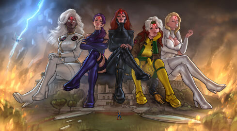 6girls anna_marie avengers blonde_hair brown_hair captain_marvel carol_danvers clothing corrupted corruption dark-skinned_female dark_skin defeated emma_frost facesitting female femsub giantess human_furniture humiliation janet_van_dyne jean_grey marvel marvel_comics ororo_munroe phoenix_(x-men) pickyroman psylocke_(kwannon) purple_hair red_hair rogue_(x-men) storm_(x-men) streaked_hair wasp_(marvel) white_hair white_queen x-men