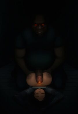 1boy 1girls ai_generated armored_female big_breasts big_penis closed_eyes dark-skinned_female glowing_eyes large_breasts large_penis paizuri pulled_up_shirt smiling straddling straddling_paizuri