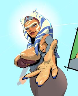 1girls ahsoka_tano alien_girl alternate_breast_size big_breasts blue_nails breasts female female_only long_nails lucasfilm pov solo star_wars sweaty_breasts whiteflagman