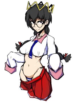 1girls 2024 anonymous_artist barely_clothed belly black_hair breasts clothed clothing crown fairy_queen female glasses kirby_(series) light-skinned_female light_skin long_sleeves looking_at_viewer nintendo panties petite petite_body queen_ripple ranchsaucy smile solo standing twin_braids underboob underwear wide_hips