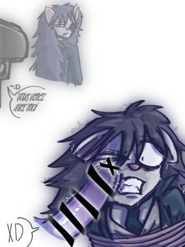 black_hair bondage censor_bar censored dick dick_on_face eluca_(pretty_blood) furry gay grey_fur male male_only penis penis_in_face pink_nose pretty_blood red_eyes rope translation_request yaoi