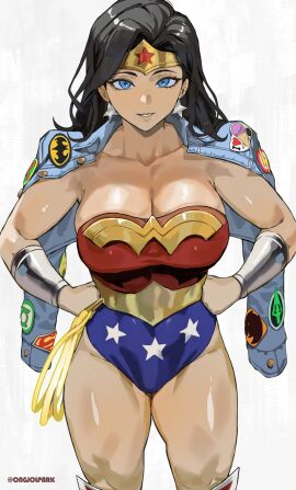 absurdres aquaman_(dc) bare_shoulders batman batman_symbol black_hair blue_eyes blue_jacket boots breasts dc_comics denim denim_jacket earrings female food green_arrow green_lantern hands_on_own_hips hawkman highres ice_cream jacket jacket_on_shoulders jewelry large_breasts lasso lasso_of_truth leotard long_hair martian_manhunter park_ongjol solo superhero_costume superman superman_logo the_flash thighs tiara toned toned_female wonder_woman wonder_woman_(series)