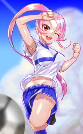 1girls arm_up armpit armpits blonde_hair clothed female female_only inazuma_eleven inazuma_eleven_(series) inazuma_eleven_victory_road long_hair looking_at_viewer pink_eyes pink_hair ponytail shinohara_raika smiling_at_viewer soccer_uniform sweat sweatdrop sweating sweaty sweaty_armpits sweaty_thighs