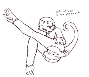 anthro anus ass breasts fangs female foot_hands genitals hand_on_ass hand_on_butt haplorhine heart_symbol hi_res inviting_to_sex mammal monkey nipples nude one_eye_closed presenting primate pussy raised_leg sluggle solo tail teeth text wink