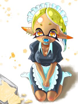 1girls 2024 black_eyelashes blue_tongue dark-skinned_female dark_skin digital_media_(artwork) ear_piercing female frye_(splatoon) frye_onaga hi_res inkling looking_at_viewer maid maid_dress maid_headdress maid_outfit maid_uniform marine marine_humanoid mollusk mollusk_humanoid nintendo open_mouth open_smile pointy_eared_humanoid pointy_ears pseudo_hair sitting sitting_on_floor sitting_on_leg socks solo spilled spilled_liquid splatoon splatoon_(series) splatoon_3 t2ukmyjm trade white_socks yellow_eyelashes yellow_eyes yellow_hair