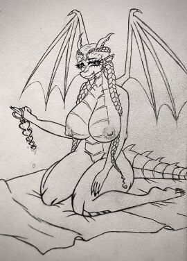 absurd_res anal_beads anthro areola big_breasts braided_hair breasts claws dragon fangs female finger_claws hair hi_res horn lube lube_drip lust_(lustthedragon) membrane_(anatomy) membranous_wings mythological_creature mythological_scalie mythology pointy_ears pointy_nose scales scalie sex_toy sinfulsextoy sitting sitting_on_ground smile smile_at_viewer solo spiked_tail spikes spikes_(anatomy) tail teeth toe_claws traditional_media_(artwork) ventral_scales wings